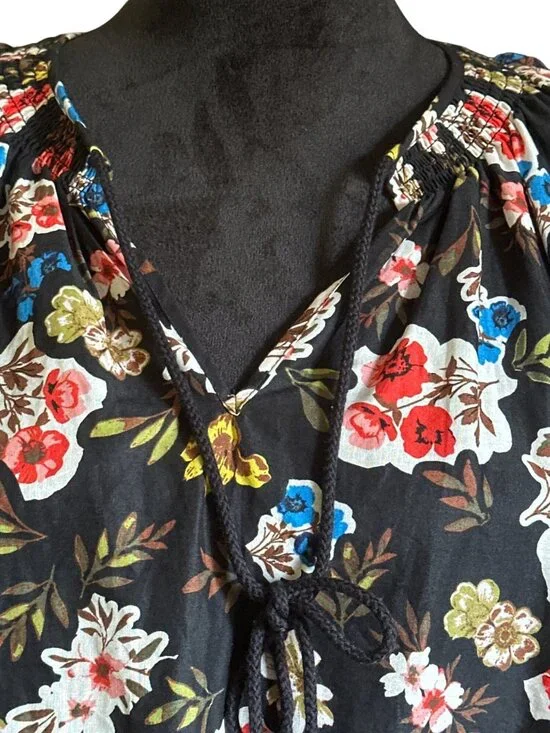 Floral Black Short-Sleeve Blouse With Tassel Tie Neck By Marc New York Jeans - S - Picture 2 of 6